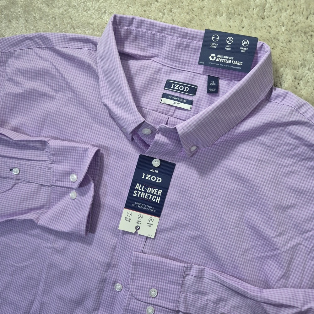 IZOD All Over Stretch Button Down Shirt Mens 19 35/36 Tall Fit Purple Check New